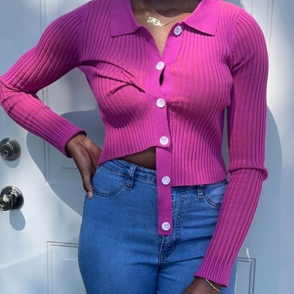 SHEIN Fuchsia Ribbed Button-Up Shirt
